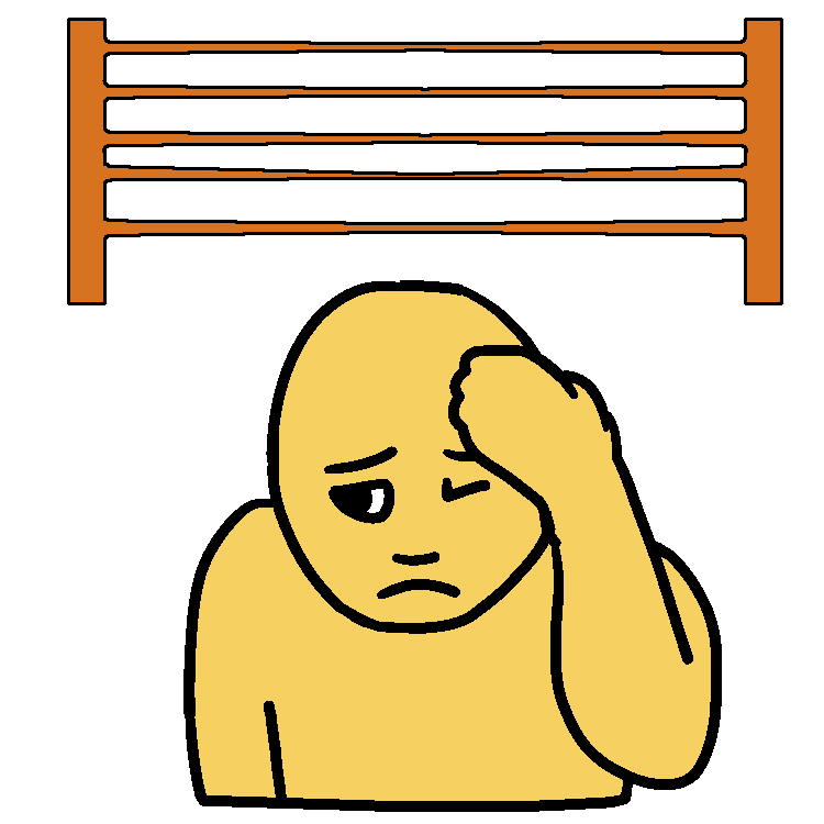 A drawing of a person cringing with one hand on their head and orange lines pulled thin at the middle above them.